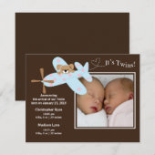 飛行機の双子ちゃん 男の子と女の子 誕生お知らせ 案内状 (正面/裏面)