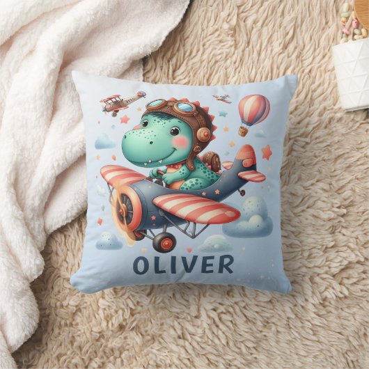 飛行機の可愛い飛んでいるトレックス魅力的恐竜 クッション (ブランケット)