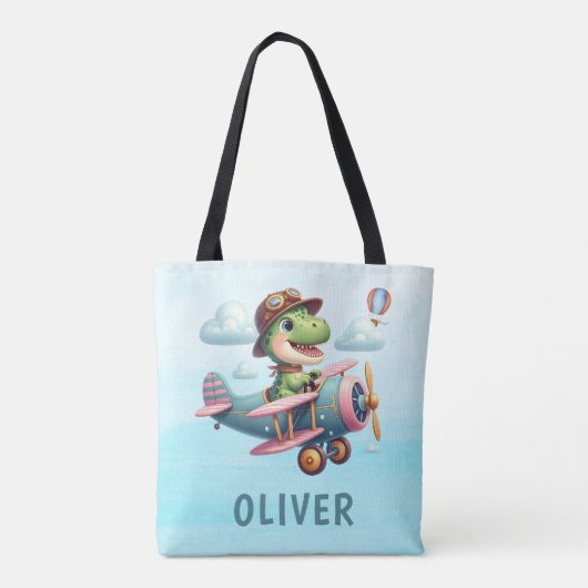 飛行機の可愛い飛んでいるトレックス魅力的恐竜 トートバッグ (裏面)