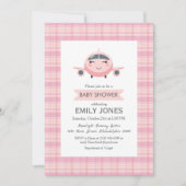 飛行機の女の子 かわいいベビーシャワー ピンクとグレー 招待状 (正面)