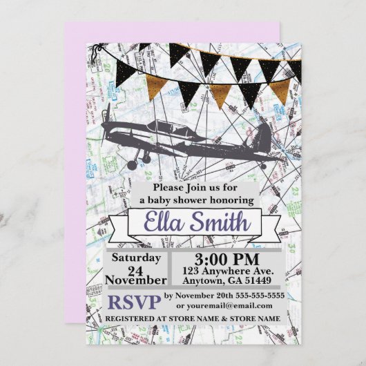 飛行機の女の赤ちゃんのシャワーの招待状 招待状 (正面/裏面)