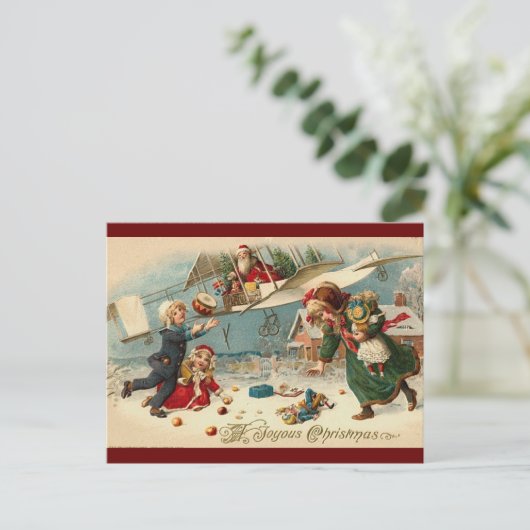 飛行機の子供用おもちゃのビンテージクリスマスサンタ ポストカード (スタンド正面)