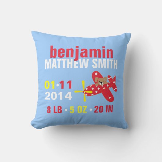 飛行機の子犬カスタムベビー誕生のお知らせ クッション (正面)