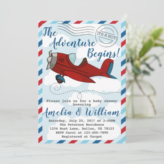 飛行機の平らなベビーシャワーの招待状の招待 招待状 (スタンド正面)