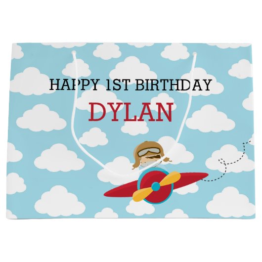 飛行機の抱き枕 – 赤いパイロット雲のかわいい飛行機 ラージペーパーバッグ (正面)