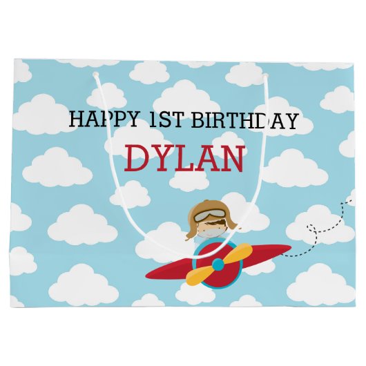 飛行機の抱き枕 – 赤いパイロット雲のかわいい飛行機 ラージペーパーバッグ (裏面)