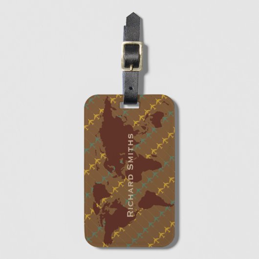 飛行機の旅の茶色の世界の地図パーソナライズされた ラゲッジタグ (正面縦)