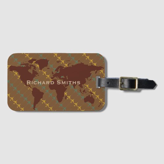 飛行機の旅の茶色の世界の地図パーソナライズされた ラゲッジタグ (正面横)