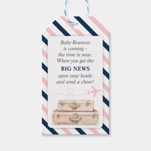 飛行機の旅行ベビーシャワーミニワインボトルの好意 ギフトタグ (正面)