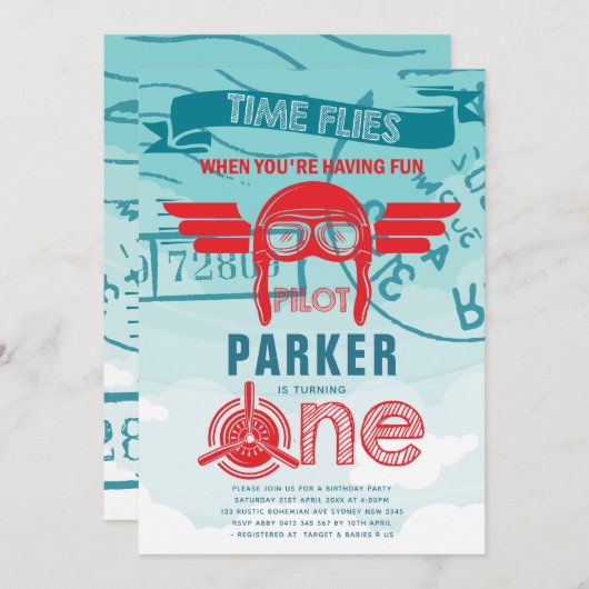 飛行機の最初の誕生日パーティー 招待状 (正面/裏面)