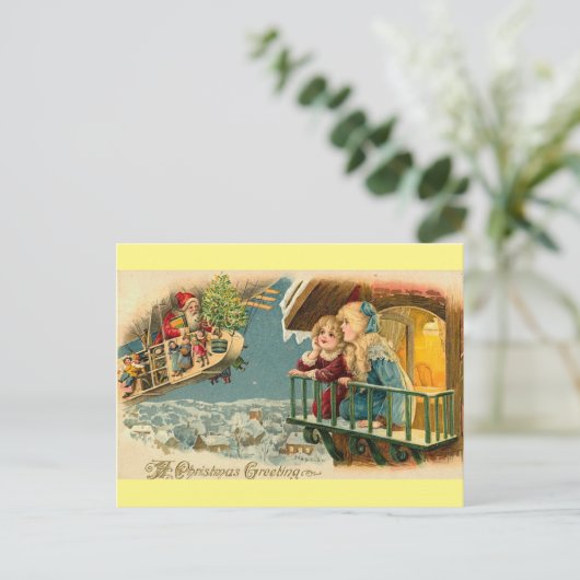 飛行機の気球に乗るビンテージクリスマスサンタ ポストカード (スタンド正面)