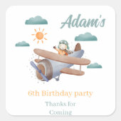 飛行機の水彩六th誕生日パーティー スクエアシール (正面)