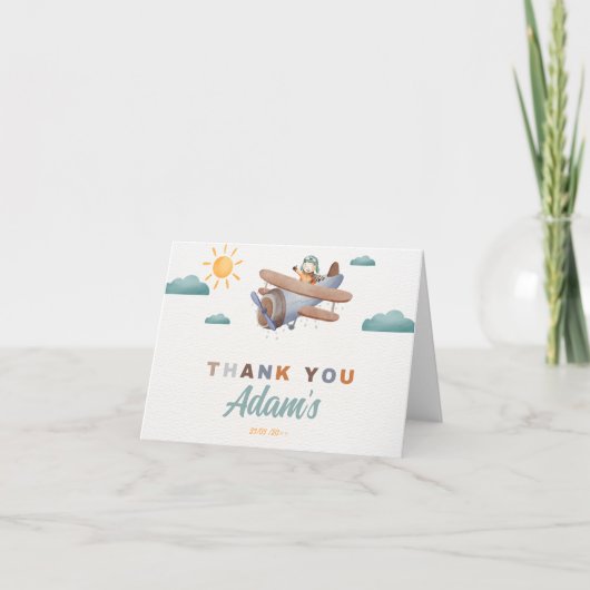 飛行機の水色の誕生日の折り畳みサンキューカード サンキューカード (正面)