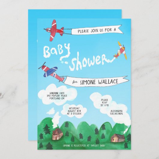 飛行機の煙の信号水色ベビーシャワー 招待状 (正面/裏面)