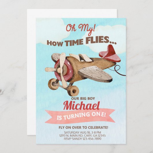 飛行機の男の子の最初の誕生日の招待。 招待状 (正面/裏面)