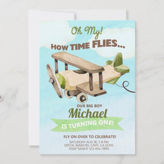 飛行機の男の子の最初の誕生日の招待。invita 招待状 (正面)