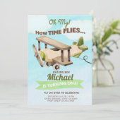 飛行機の男の子の最初の誕生日の招待。invita 招待状 (スタンド正面)