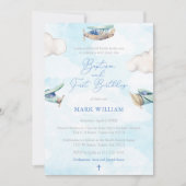 飛行機の男の子の洗礼と1歳の誕生日パーティー 招待状 (正面)