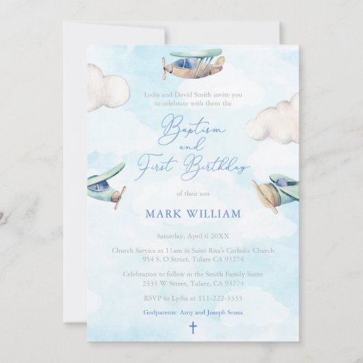 飛行機の男の子の洗礼と1歳の誕生日パーティー 招待状 (正面)