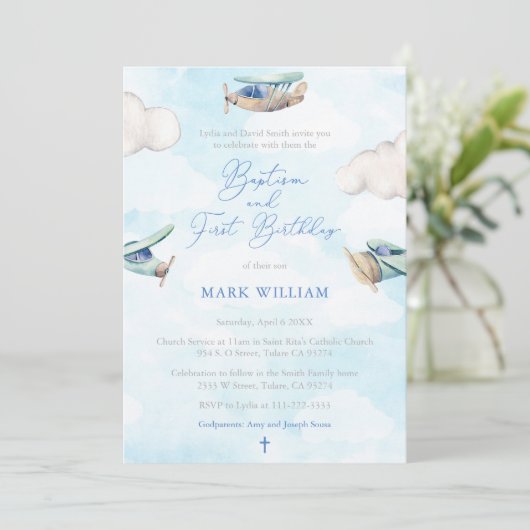 飛行機の男の子の洗礼と1歳の誕生日パーティー 招待状 (スタンド正面)