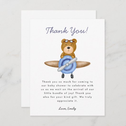 飛行機の男の子の赤ちゃんシャワー サンキューカード (正面/裏面)