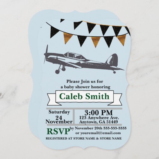 飛行機の男の赤ちゃんのシャワーの招待状 招待状 (正面/裏面)