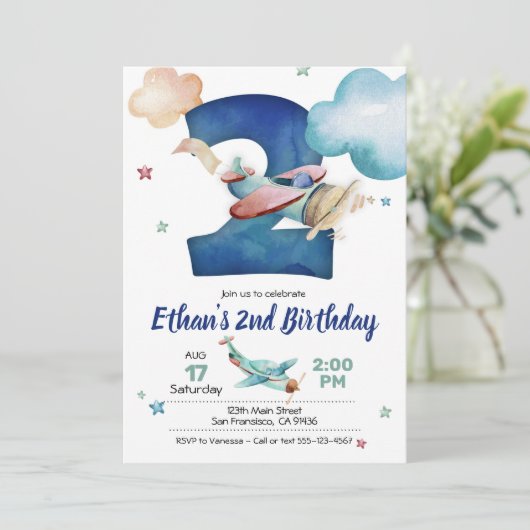 飛行機の第2誕生日招待状-飛行機のテーマ 招待状 (スタンド正面)