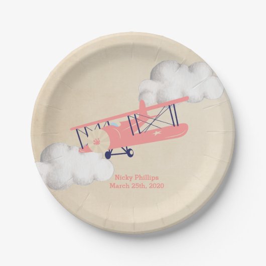 飛行機の紙プレート、ヴィンテージ飛行機の赤ちゃんシャワー ペーパープレート (正面)
