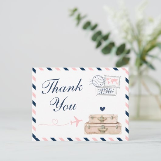 飛行機の航空会社の旅行ウェディングシャワーありがとう ポストカード (スタンド正面)