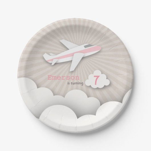 飛行機の誕生会-ピンク ペーパープレート (正面)