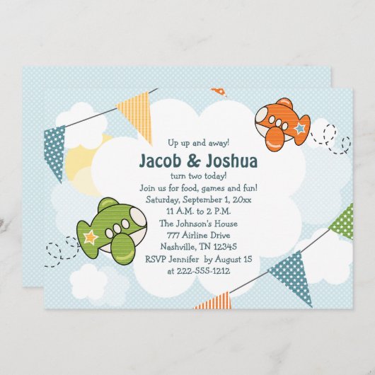 飛行機の誕生日の招待状の双生児 招待状 (正面/裏面)
