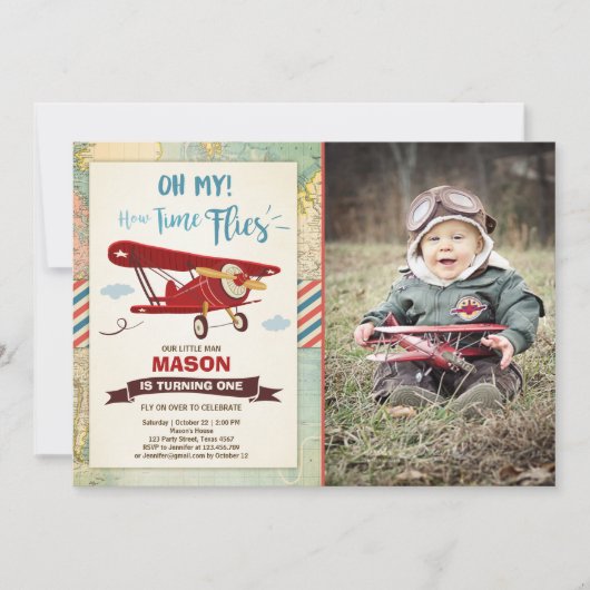 飛行機の誕生日の招待状の時間は飛行機の男の子を飛ばします 招待状 (正面)