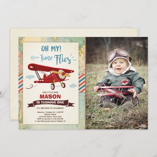 飛行機の誕生日の招待状の時間は飛行機の男の子を飛ばします 招待状 (正面/裏面)