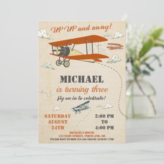 飛行機の誕生日の招待状アップと遠くに招待状 招待状 (スタンド正面)