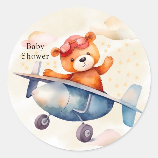 飛行機の誕生日パーティーで可愛いテディベア ラウンドシール (正面)