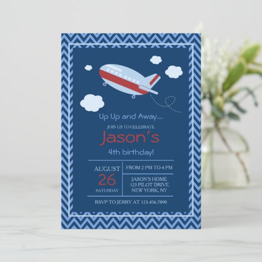 飛行機の誕生日パーティーの招待状の赤と青 招待状 (スタンド正面)