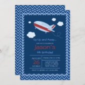 飛行機の誕生日パーティーの招待状の赤と青 招待状 (正面/裏面)
