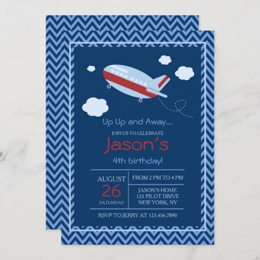 飛行機の誕生日パーティーの招待状の赤と青 招待状 (正面/裏面)