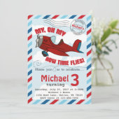 飛行機の誕生日パーティー招待状 青 赤 招待状 (スタンド正面)