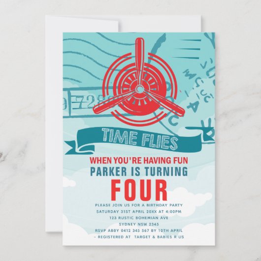 飛行機の誕生日パーティー 招待状 (正面)