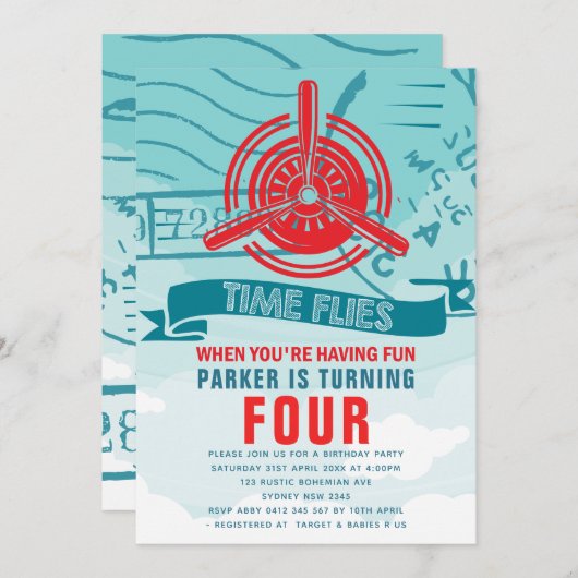飛行機の誕生日パーティー 招待状 (正面/裏面)