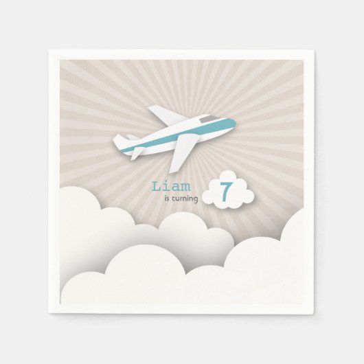 飛行機の誕生日パーティー – 青 スタンダードカクテルナプキン (正面)