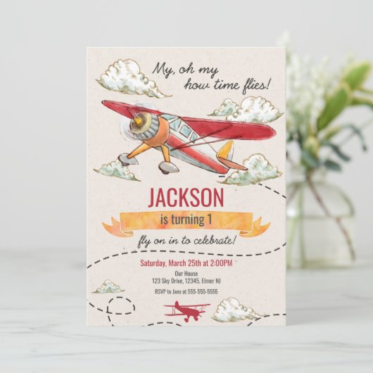 飛行機の誕生日招待状ヴィンテージのタイムフライ 招待状 (スタンド正面)