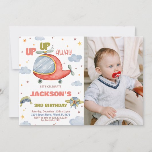 飛行機の誕生日招待状緑と写真 招待状 (正面)