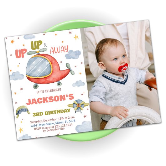 飛行機の誕生日招待状緑と写真 招待状