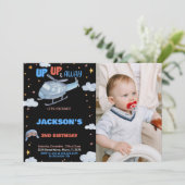 飛行機の誕生日招待状黒（写真付き） 招待状 (スタンド正面)