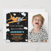 飛行機の誕生日招待状 オレンジ 黒 写真付き 招待状 (正面)