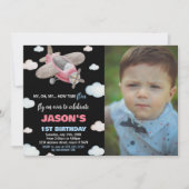 飛行機の誕生日招待状 赤 写真付き 招待状 (正面)