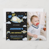 飛行機の誕生日招待状 青 黒 写真付き 招待状 (正面)