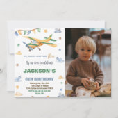 飛行機の誕生日招待状 黄緑色 写真付き 招待状 (正面)